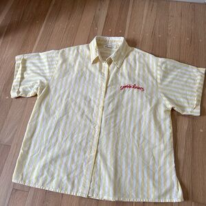 Yellow and white striped button up shirt, size S/M